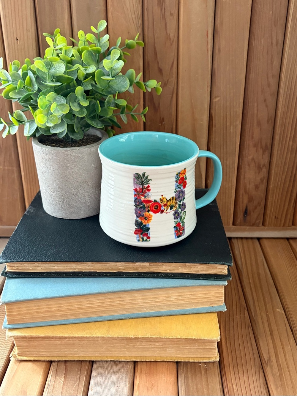 Nathalie Lété for Anthropologie Floral Monogram ‘H’ Mug, Turquoise Handle